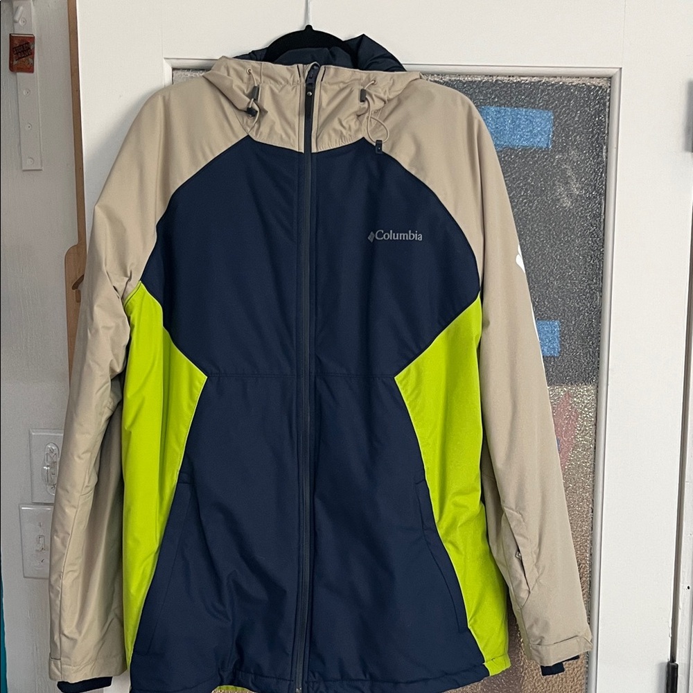 Columbia Navy and Beige Hooded Jacket with Lime Accents